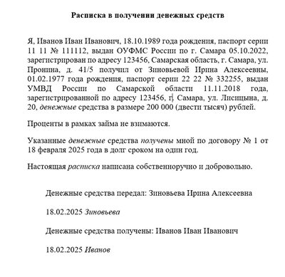 Расписка в получении денежных средств в долг