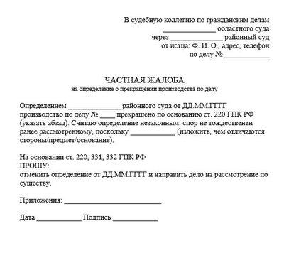 Частная жалоба на определение о прекращении производства по делу