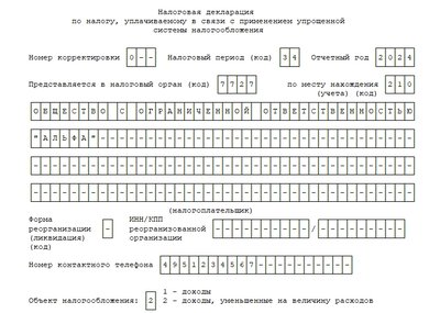 Декларация по УСН Доходы минус расходы. Образец