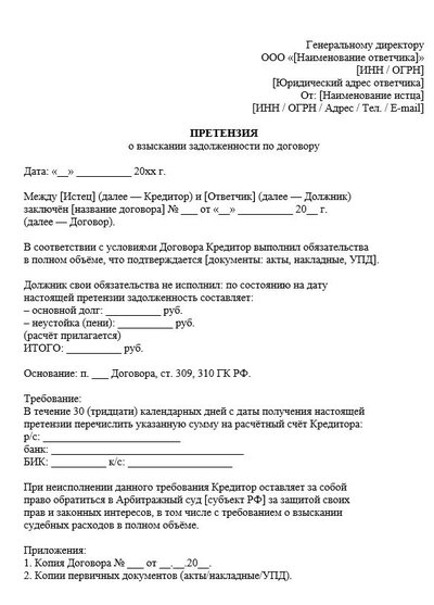 Досудебная претензия о взыскании задолженности по договору