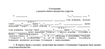 Форма соглашения о разделе общего имущества супругов