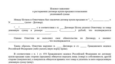 Иск в районный суд о расторжении договора купли-продажи