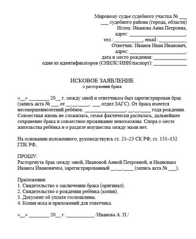 Исковое заявление о расторжении брака