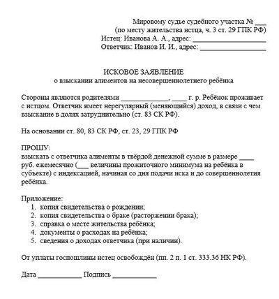 Исковое заявление о взыскании алиментов на несовершеннолетнего ребёнка