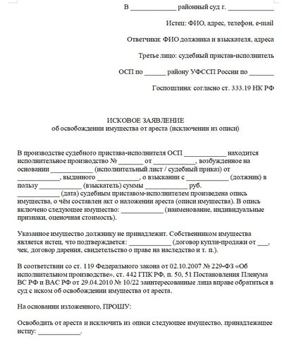 Исковое заявление об освобождении имущества от ареста (исключении из описи)