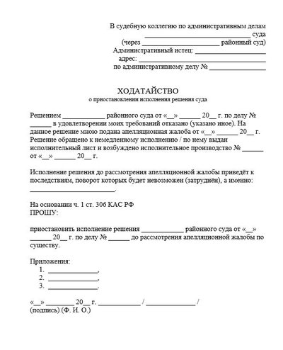 Ходатайство о приостановлении исполнения решения суда
