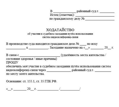 Ходатайство об участии в судебном заседании по видеоконференц-связи, ГПК