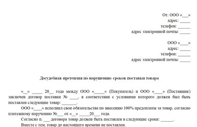 Образец претензии на нарушение сроков поставки