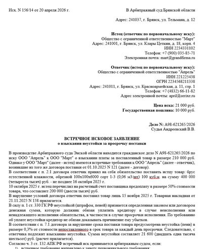 Образец: встречное исковое заявление