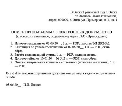 Опись прилагаемых электронных документов в гражданский суд