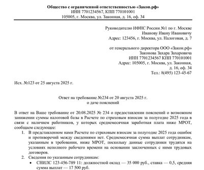 Образец ответа на требование о даче пояснений