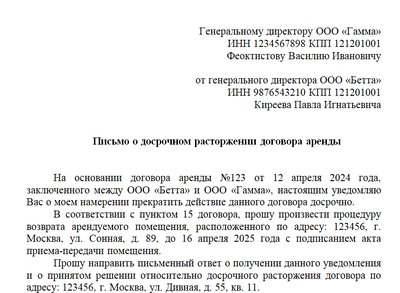 Письмо арендатора о расторжении договора аренды