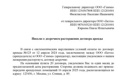 Письмо о досрочном расторжении договора аренды от арендодателя