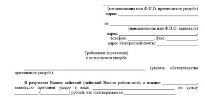 Претензия о возмещении материального ущерба