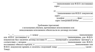 Претензия о возмещении ущерба по договору поставки