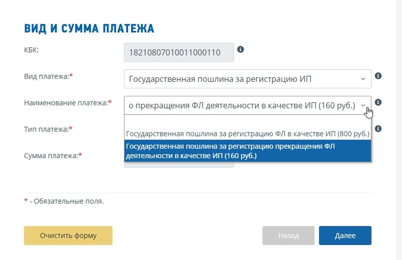 Формирование платежки по госпошлины на сайте ФНС