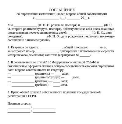 Соглашение об определении (выделении) долей в праве общей собственности
