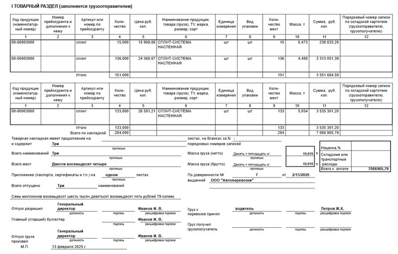 Товарный раздел товарно-транспортной накладной