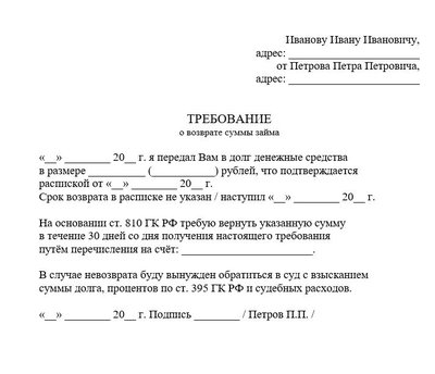 Требование о возврате суммы займа