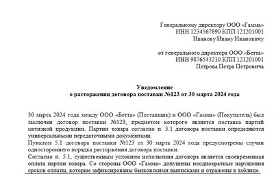 Уведомление покупателю о расторжении договора поставки