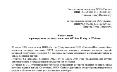 Уведомление поставщику о расторжении договора поставки