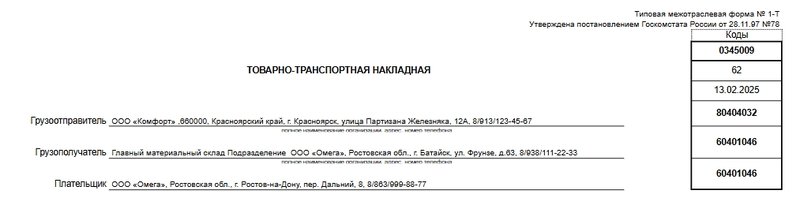 Заголовочная часть товарно-транспортной накладной