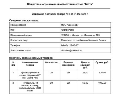 Образец заявки на поставку товара