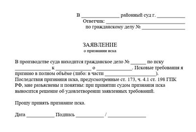 Заявление о признании иска