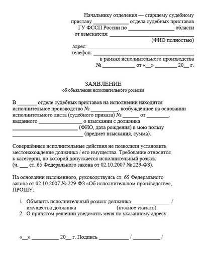 Заявление об объявлении исполнительного розыска