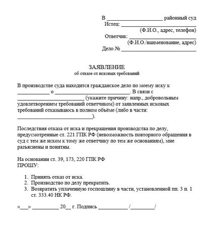 Заявление об отказе от исковых требований