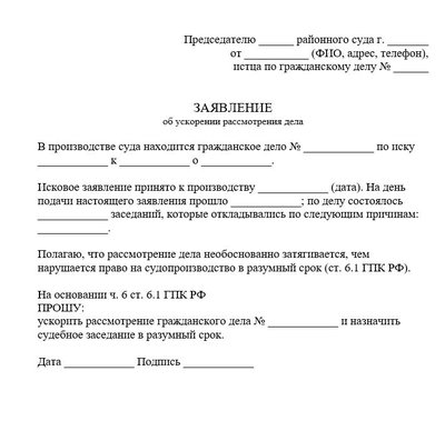 Заявление об ускорении рассмотрения дела