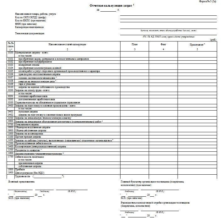 Форма отчетной калькуляции