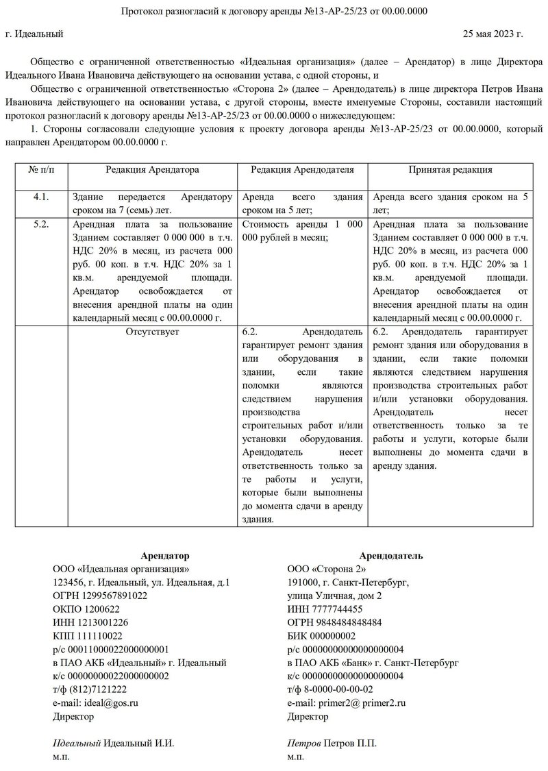Протокол разногласий к договору