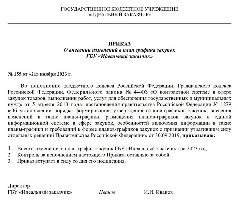 Образец приказа о внесении изменений в план-график