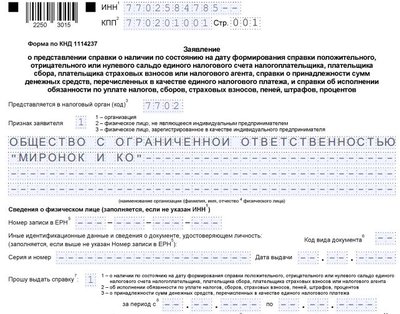 Образец заполнения заявления на получение справки об отсутствии налоговой задолженности
